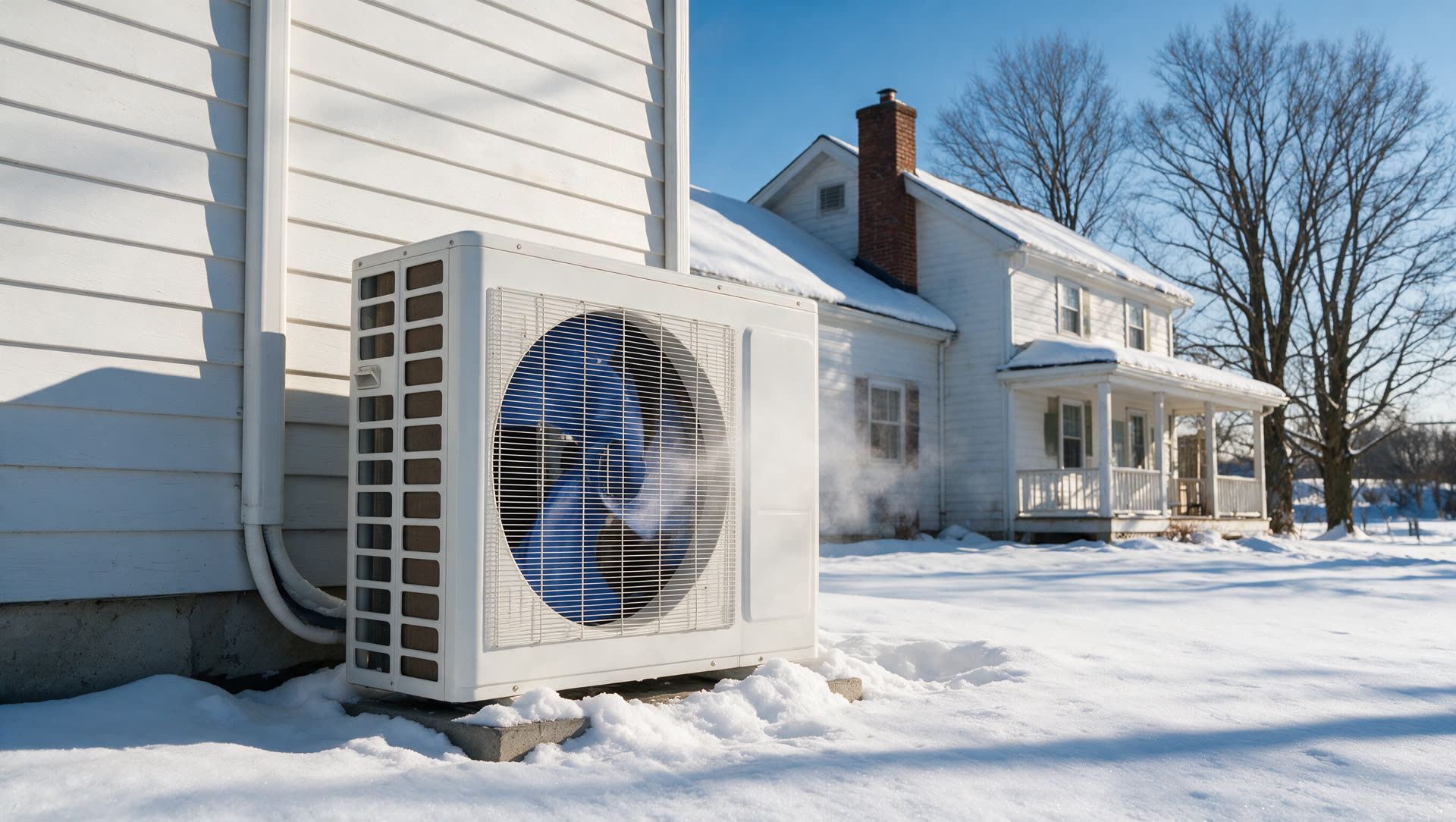 MRCOOL condenser running in deep snow on a bright winter morning
