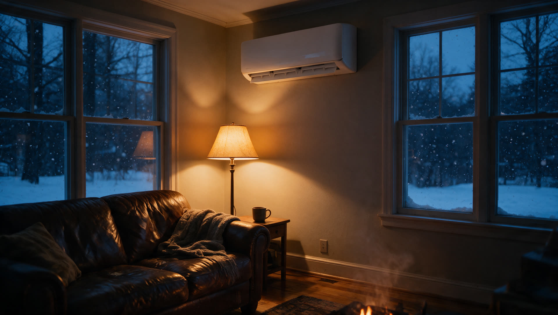 Wall-mounted mini split heating a cozy living room while snow falls outside