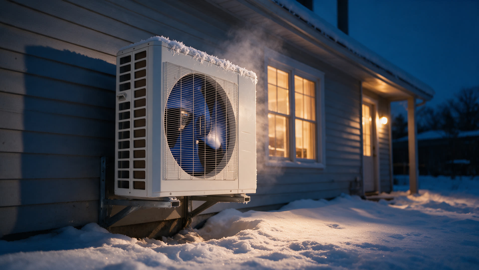 MRCOOL condenser on wall brackets above snow at dusk, warm light from the windows