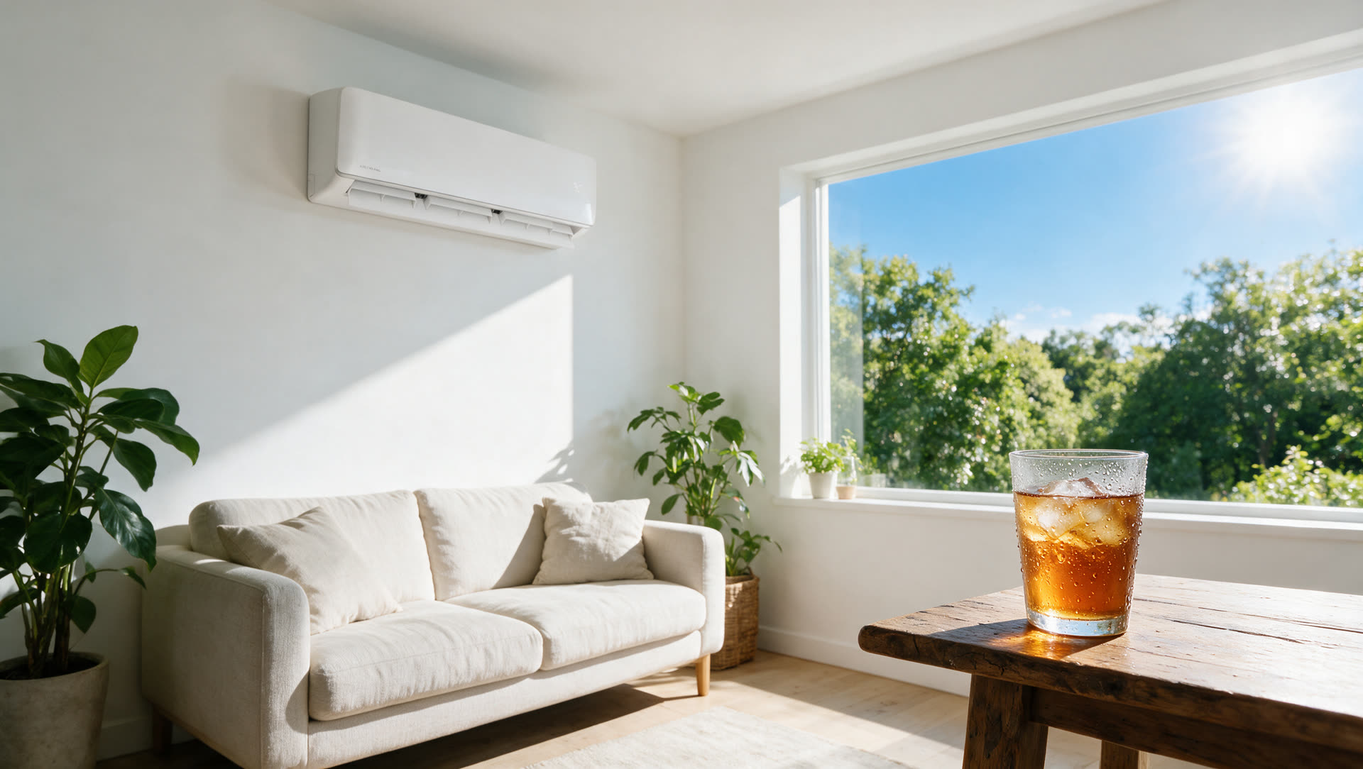 Mini split cooling a bright living room in summer