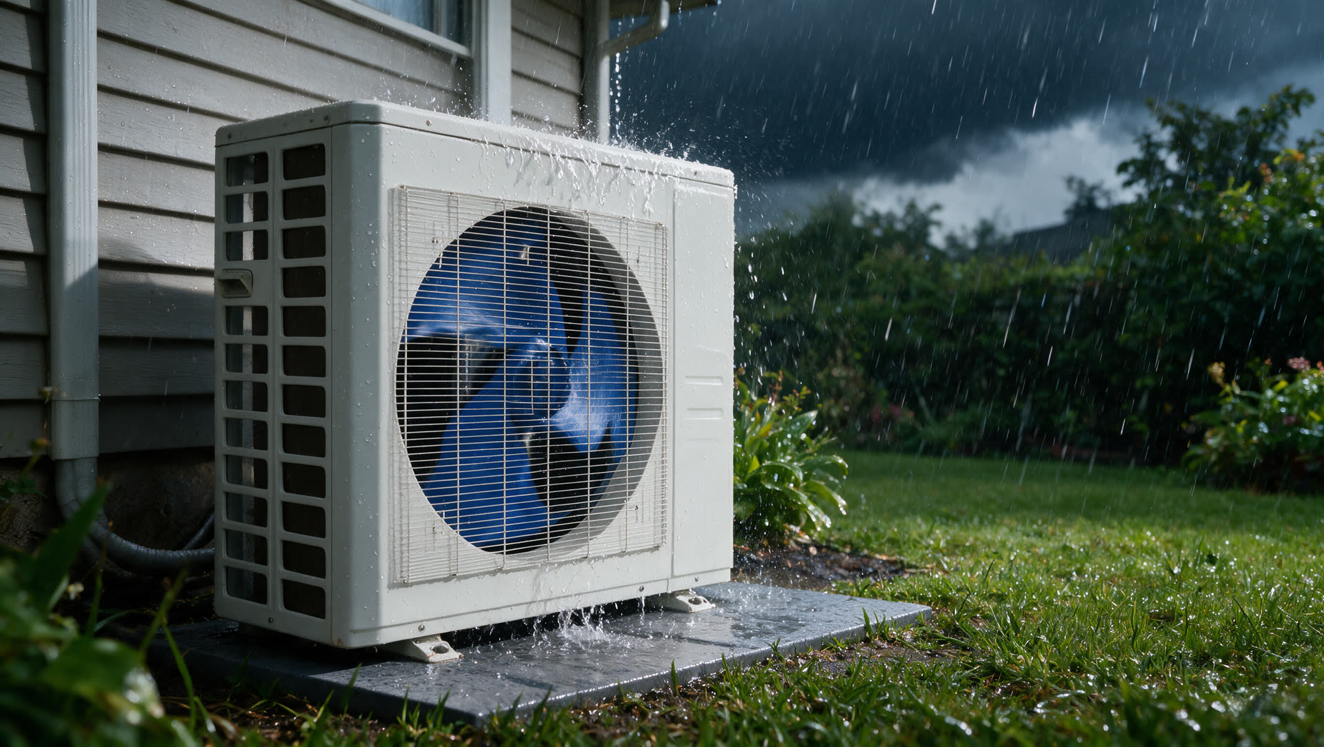 MRCOOL condenser running through heavy summer rain