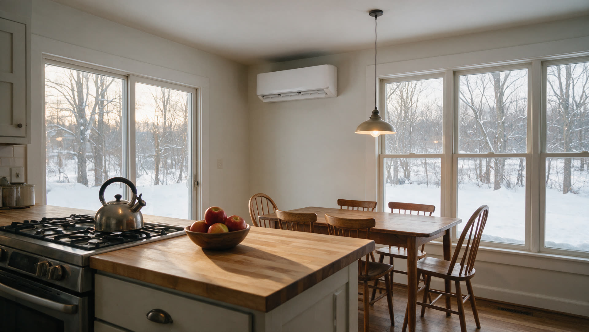 Mini split warming a farmhouse kitchen on a snowy afternoon